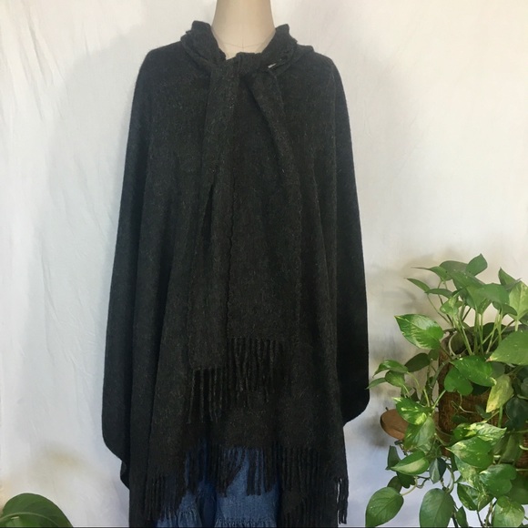 TUMI alpaca fringed poncho in a dark charcoal gray - Picture 8 of 13